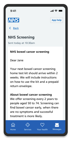 A screenshot of a message about NHS bowel cancer screening in the app.