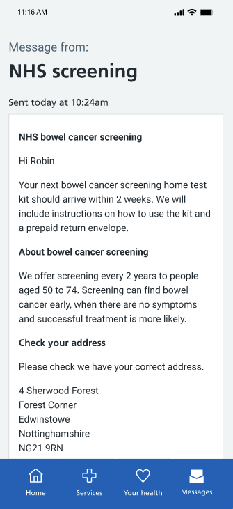 Another screenshot of a bowel screening invite in the NHS App, encouraging users to also check their address is correct.