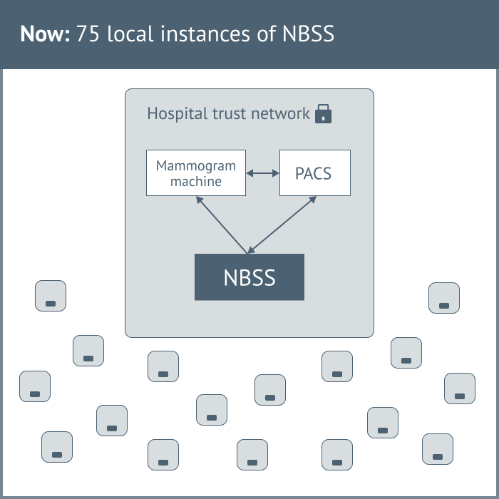 The current set up with 75 instances of NBSS that run locally, within each secure hospital trust network (represented by grey rectangles).